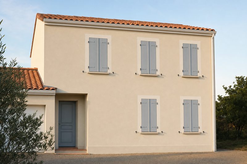 Façade isolée par l'extérieur terminée, enduit clair (illustration)